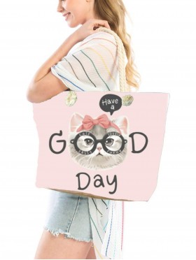 Canvas "Have a Good Day:" Cat Print Shoulder Tote